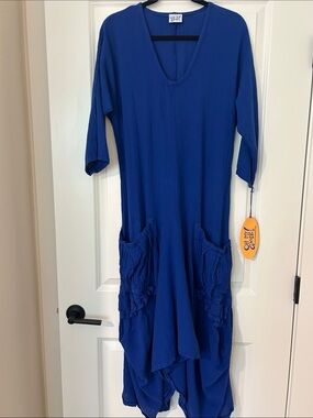 Oh My Gauze Blue V-Neck Pocket Midi Dress